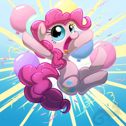 Size: 500x500 | Tagged: safe, artist:aylastardragon, pinkie pie, pony, balloon, confetti, cute, diapinkes, open mouth, smiling, solo, streamers