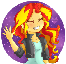 Size: 1000x966 | Tagged: safe, artist:pillonchou, sunset shimmer, equestria girls, abstract background, blushing, cute, eyes closed, female, shimmerbetes, smiling, solo, waving