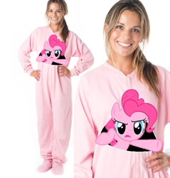 Size: 928x972 | Tagged: safe, pinkie pie, human, clothes, footed sleeper, fourth wall, hand, irl, irl human, pajamas, photo