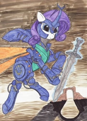 Size: 1190x1648 | Tagged: safe, artist:enigmaticthief, rarity, pony, unicorn, armor, armorarity, aura battler dunbine, dunbine, powered exoskeleton, solo, sword, traditional art