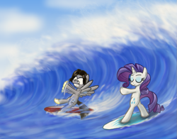 Size: 797x626 | Tagged: safe, artist:paper-pony, rarity, oc, pony, unicorn, ocean, surfing, wave