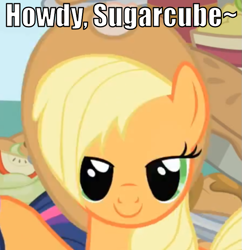 Size: 669x690 | Tagged: safe, applejack, earth pony, pony, bedroom eyes, blonde mane, female, image macro, mare, orange coat, solo