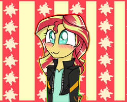 Size: 743x598 | Tagged: safe, artist:ultrard, sunset shimmer, equestria girls, :3, blushing, colored pupils, cute, cutie mark background, heart eyes, shimmerbetes, signature, solo, wingding eyes