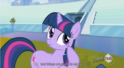 Size: 854x470 | Tagged: safe, derpibooru import, screencap, twilight sparkle, hub logo, youtube caption