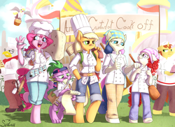Size: 1000x728 | Tagged: safe, artist:siden, applejack, bon bon, derpy hooves, donut joe, gustave le grande, pinkie pie, spike, sweetie drops, twist, anthro, earth pony, griffon, unguligrade anthro, unicorn, chef's hat, clothes, cooking, fanfic material, female, hat, power walk