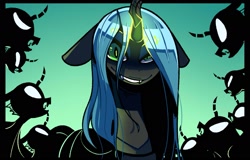 Size: 1873x1195 | Tagged: safe, artist:sourspot, queen chrysalis, changeling, changeling queen, female, floppy ears, glowing horn, profile, smiling, solo focus