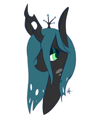 Size: 2000x2500 | Tagged: source needed, safe, artist:katyusha, queen chrysalis, changeling, changeling queen, crown, cute, cutealis, female, jewelry, looking at you, majestic, regalia, signature, simple background, solo, white background