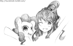 Size: 706x448 | Tagged: safe, artist:tsurukinoki, pinkie pie, bust, duality, grayscale, human ponidox, humanized, monochrome, portrait