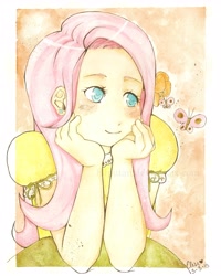 Size: 2852x3571 | Tagged: safe, artist:fliputan, fluttershy, butterfly, clothes, female, humanized, pink hair, solo