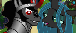 Size: 720x316 | Tagged: safe, artist:nukarulesthehouse1, artist:sketchmcreations, king sombra, queen chrysalis, changeling, changeling queen, pony, spoiler:s09, antagonist, caption, changeling hive, chrysombra, female, image macro, love, male, shipping, straight, text, vector