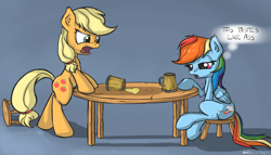 Size: 3593x2062 | Tagged: safe, artist:neko-me, derpibooru import, applejack, rainbow dash, earth pony, pegasus, pony, angry, cider, dialogue, high res, sitting, standing, stool, table, vulgar