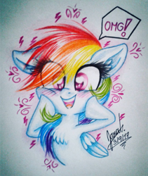 Size: 480x568 | Tagged: safe, artist:janadashie, derpibooru import, rainbow dash, pegasus, pony, blushing, chest fluff, cute, dashabetes, omg, open mouth, so awesome, solo, squishy cheeks, traditional art