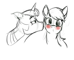 Size: 700x565 | Tagged: safe, artist:archonix, derpy hooves, twilight sparkle, pegasus, pony, blushing, female, kissing, lesbian, mare, monochrome, shipping, sketch, twerpy