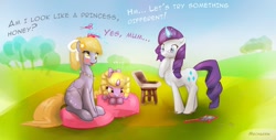 Size: 1280x652 | Tagged: safe, artist:mechagen, derpy hooves, dinky hooves, rarity, pegasus, pony, unicorn, alternate hairstyle, female, grammar error, makeover, mare