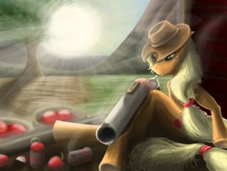 Size: 1600x1200 | Tagged: safe, artist:tattertailart, applejack, anthro, apple, grenade launcher, gun, m79