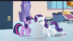 Size: 1920x1080 | Tagged: safe, derpibooru import, screencap, rarity, twilight sparkle, pony, unicorn, games ponies play, fourth wall, hub logo, nope.avi, youtube caption