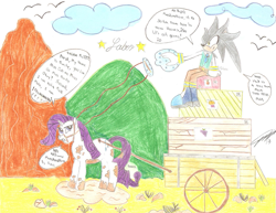 Size: 645x499 | Tagged: safe, artist:milesderpy, rarity, pony, unicorn, bridle, cart, cloud, cloudy, crossover, desert, destiny manifesto, dirty, driving, mud, raribuse, silver the hedgehog, sonic the hedgehog (series), traditional art