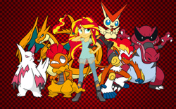 Size: 2243x1402 | Tagged: safe, artist:ayang888, sunset shimmer, equestria girls, charizard, infernape, krookodile, pokémon, pokémon black 2 and white 2, pokémon black and white, pokémon diamond and pearl, pokémon emerald, pokémon platinum, pokémon ruby and sapphire, pokémon team, pokémon x and y, scrafty, victini, zangoose