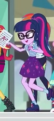 Size: 257x573 | Tagged: safe, derpibooru import, screencap, fluttershy, rainbow dash, sci-twi, sunset shimmer, twilight sparkle, better together, equestria girls, the finals countdown, a++, clothes, converse, cropped, female, glasses, grades, ponytail, shoes, skirt, smiling, socks
