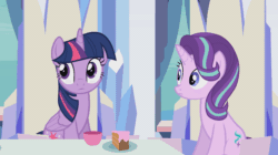 Size: 864x484 | Tagged: safe, artist:forgalorga, starlight glimmer, twilight sparkle, twilight sparkle (alicorn), alicorn, pony, alicornified, animated, gif, middle feather, middle finger, race swap, something about the princesses, stare, starlicorn, vulgar, wing gesture, wing hands, xk-class end-of-the-world scenario, youtube link