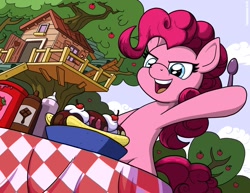 Size: 1650x1276 | Tagged: safe, artist:latecustomer, pinkie pie, earth pony, pony, banana split, clubhouse, crusaders clubhouse, cute, diapinkes, food, hoof hold, ice cream, open mouth, solo, spoon, table