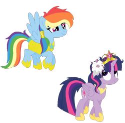 Size: 682x668 | Tagged: safe, artist:bezziie, derpibooru import, rainbow dash, twilight sparkle, twilight sparkle (alicorn), alicorn, pegasus, pony, armor, flower, flower in hair, royal guard armor, simple background, transparent background