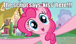 Size: 1246x729 | Tagged: safe, pinkie pie, earth pony, pony, bronybait, caption, fourth wall, image macro, kissing, meme, script