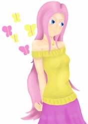 Size: 2480x3507 | Tagged: safe, artist:purpleamethyst333, fluttershy, clothes, female, humanized, pink hair, solo