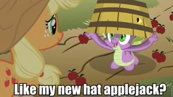 Size: 960x540 | Tagged: safe, edit, edited screencap, screencap, applejack, spike, dragon, earth pony, pony, spike at your service, barrel, dialogue, female, hat, image macro, male, mare