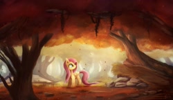 Size: 1800x1042 | Tagged: safe, artist:ajvl, fluttershy, pegasus, pony, autumn, female, forest, leaves, mare, scenery, solo, tree