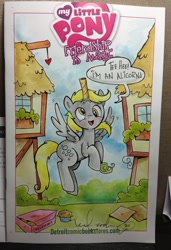 Size: 699x1024 | Tagged: safe, artist:katiecandraw, idw, derpy hooves, alicorn, pony, cute, derpicorn, fake horn, hilarious in hindsight, race swap, solo