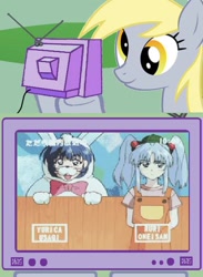 Size: 438x600 | Tagged: safe, derpy hooves, pegasus, pony, exploitable meme, female, japanese, mare, martian successor nadesico, mobile battleship nadesico, naze nani nadesico, ruri hoshino, ruri onee-san, tv meme, yurika misumaru, yurika usagi