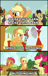 Size: 500x786 | Tagged: safe, edit, edited screencap, screencap, apple bloom, apple rose, applejack, babs seed, braeburn, golden delicious, half baked apple, red gala, wensley, earth pony, pony, apple family reunion, apple family member, comic, female, filly, mare, raise this barn, screencap comic