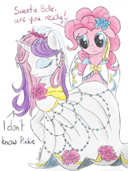 Size: 774x1032 | Tagged: safe, artist:sweeterwho, pinkie pie, sweetie belle, earth pony, pony, clothes, dress, older, sad, wedding dress