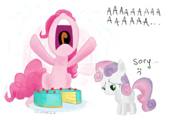 Size: 900x675 | Tagged: safe, artist:sweeterwho, pinkie pie, sweetie belle, earth pony, pony, angry, cake