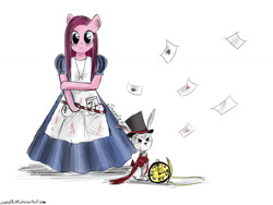 Size: 900x675 | Tagged: safe, artist:sweeterwho, angel bunny, pinkie pie, pony, alice in wonderland, american mcgee's alice, bierzcie i rysujcie, bipedal, candy cane, card, clothes, dress, hat, parody, pinkamena diane pie, pocket watch, top hat