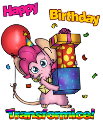 Size: 797x944 | Tagged: safe, artist:milchik, pinkie pie, mouse, balloon, birthday, confetti, happy birthday, mousified, pinkie mouse, present, species swap, transformice