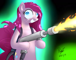 Size: 2400x1900 | Tagged: safe, artist:paulyt7, pinkie pie, earth pony, pony, bipedal, derp, female, fire, flamethrower, glow, gradient background, grin, hoof hold, insanity, kill it with fire, mare, pinkamena diane pie, smiling, solo, some mares just want to watch the world burn, squee, weapon, wide eyes