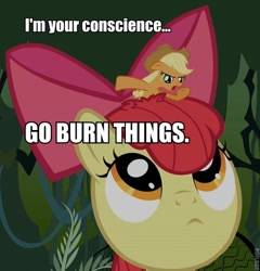 Size: 577x600 | Tagged: safe, apple bloom, applejack, earth pony, pony, :c, angry, appletini, artifact, conscience, cross-eyed, fire, floppy ears, frown, image macro, looking up, open mouth, pyromaniac, this will end in fire