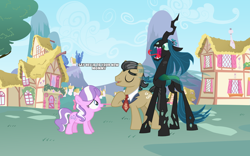 Size: 1280x800 | Tagged: safe, diamond tiara, filthy rich, queen chrysalis, changeling, changeling queen, earth pony, pony, chrysarich, crown, eyebrows, female, filly, foal, hissing, jewelry, male, necktie, open mouth, ponyville, regalia, scared, shipping, smiling, stallion, straight, text, trio