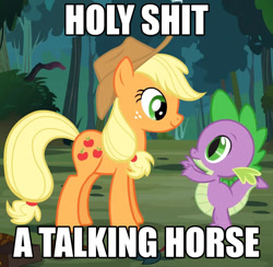 Size: 1108x1080 | Tagged: safe, applejack, spike, dragon, earth pony, pony, female, image macro, mare, vulgar