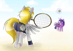 Size: 1069x748 | Tagged: safe, artist:merodisae, derpy hooves, twilight sparkle, twilight sparkle (alicorn), alicorn, pony, ball, female, magic, mare, tennis, tennis racket