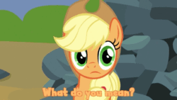 Size: 576x324 | Tagged: safe, applejack, earth pony, pony, spike at your service, animated, image macro, text