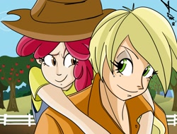 Size: 1451x1102 | Tagged: safe, artist:frankaraya, apple bloom, applejack, clothes, female, humanized