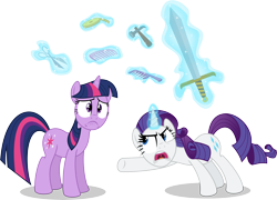 Size: 13823x9926 | Tagged: safe, artist:psyxofthoros, derpibooru import, rarity, twilight sparkle, pony, unicorn, absurd resolution, comb, hammer, insulting rarity, measuring tape, scissors, simple background, sword, transparent background, vector