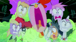 Size: 500x277 | Tagged: safe, screencap, dinky hooves, noi, pinkie pie, pipsqueak, piña colada, scootaloo, sweetie belle, earth pony, pony, wolf, luna eclipsed, animal costume, animated, applecore, bandana, chicken pie, chicken suit, clothes, colt, costume, eyepatch, filly, foal, nightmare night, out of context, scared, scootawolf, screaming, wolf costume