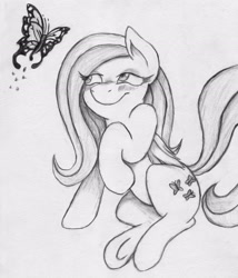 Size: 2412x2816 | Tagged: safe, artist:dnyshy, fluttershy, butterfly, pegasus, pony, blushing, sketch