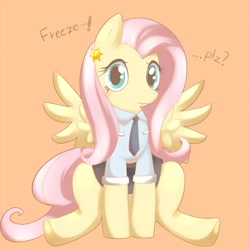 Size: 800x804 | Tagged: safe, artist:syansyan, fluttershy, pegasus, pony, clothes, necktie, orange background, pixiv, simple background, uniform