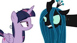 Size: 1024x576 | Tagged: safe, artist:winter-scarf, mean twilight sparkle, queen chrysalis, alicorn, changeling, changeling queen, pony, the mean 6, annoyed, clone, evil twilight, female, frown, looking at each other, mare, simple background, transparent background, vector