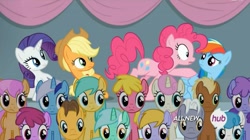 Size: 1453x813 | Tagged: safe, derpibooru import, screencap, applejack, berry punch, berryshine, caramel, cherry berry, lightning bolt, lyra heartstrings, meadow song, minuette, pinkie pie, rainbow dash, rarity, royal riff, sunshower raindrops, twinkleshine, white lightning, earth pony, pegasus, pony, unicorn, equestria games (episode), equestria games, female, hub logo, mare